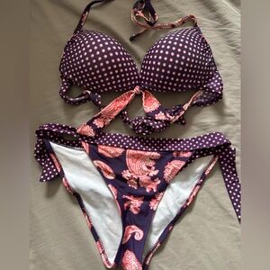 Patterned polka dot bikini set padded top size S two-piece swimsuit